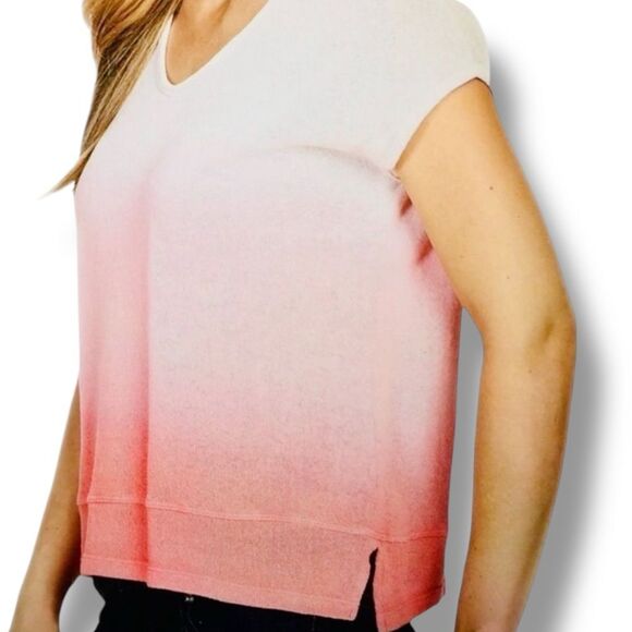 V Neck Short Sleeve White Pink Gradient Lightweight Knit Sweater Top by Mododoc - Picture 3 of 3